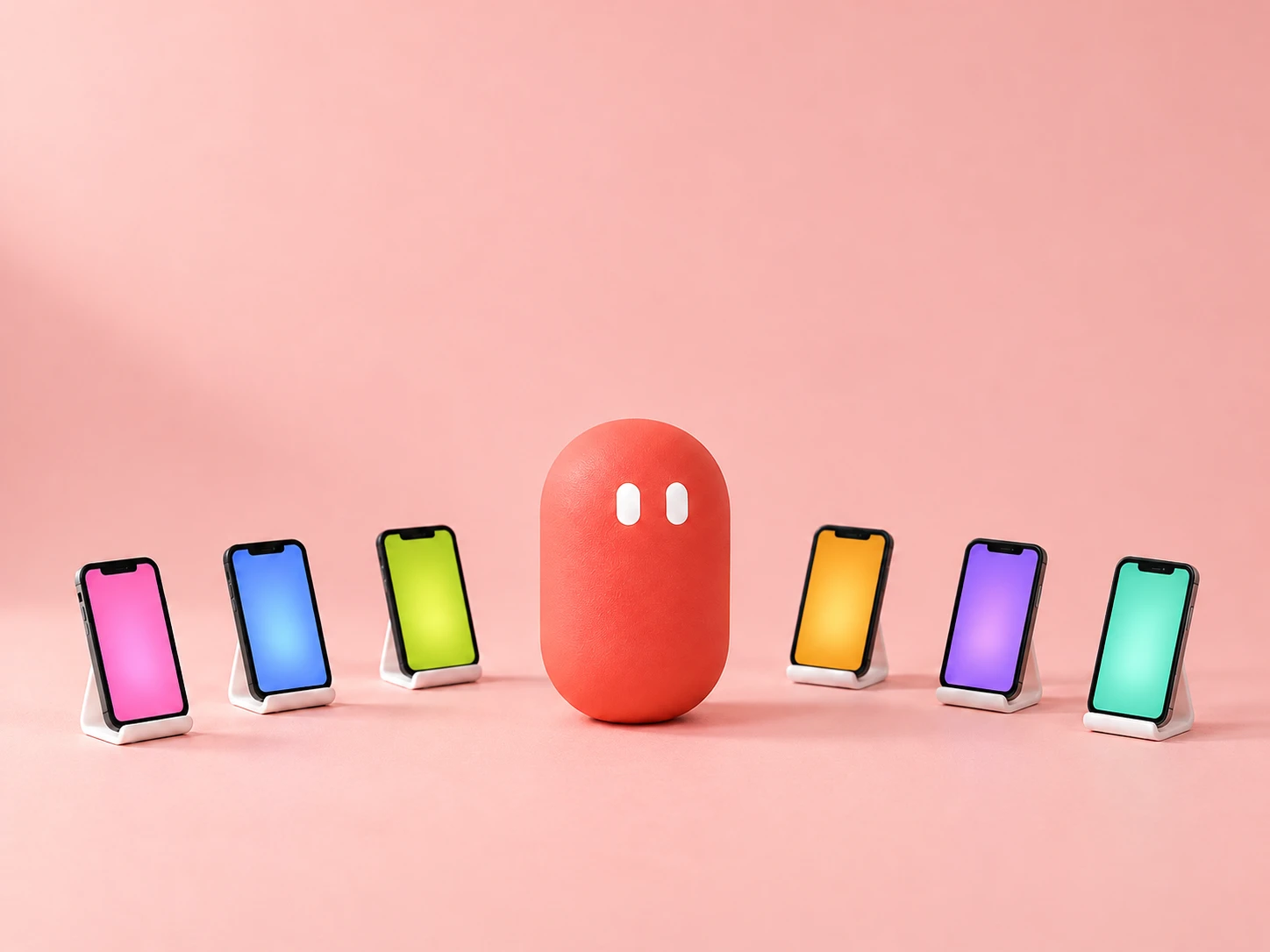 A calm coral pill among six tiny phones on stands, each screen a different color.