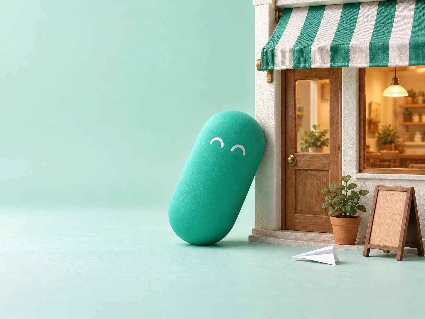 Una píldora verde menta sonriente apoyada en una pequeña tienda con un toldo a rayas verdes y blancas, un letrero en blanco y un avión de papel.