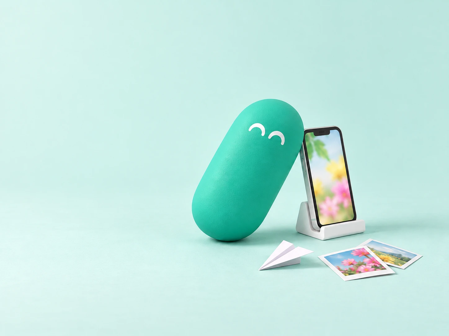 A smiling mint-green pill leaning on a phone that shows a colorful photo, with a paper airplane and two printed photos on the floor.