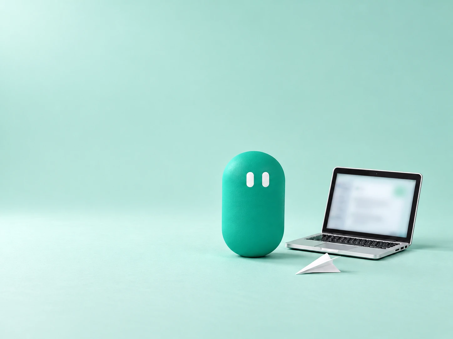 A calm mint-green pill next to a tiny laptop with a blurred chat on screen and a paper airplane.