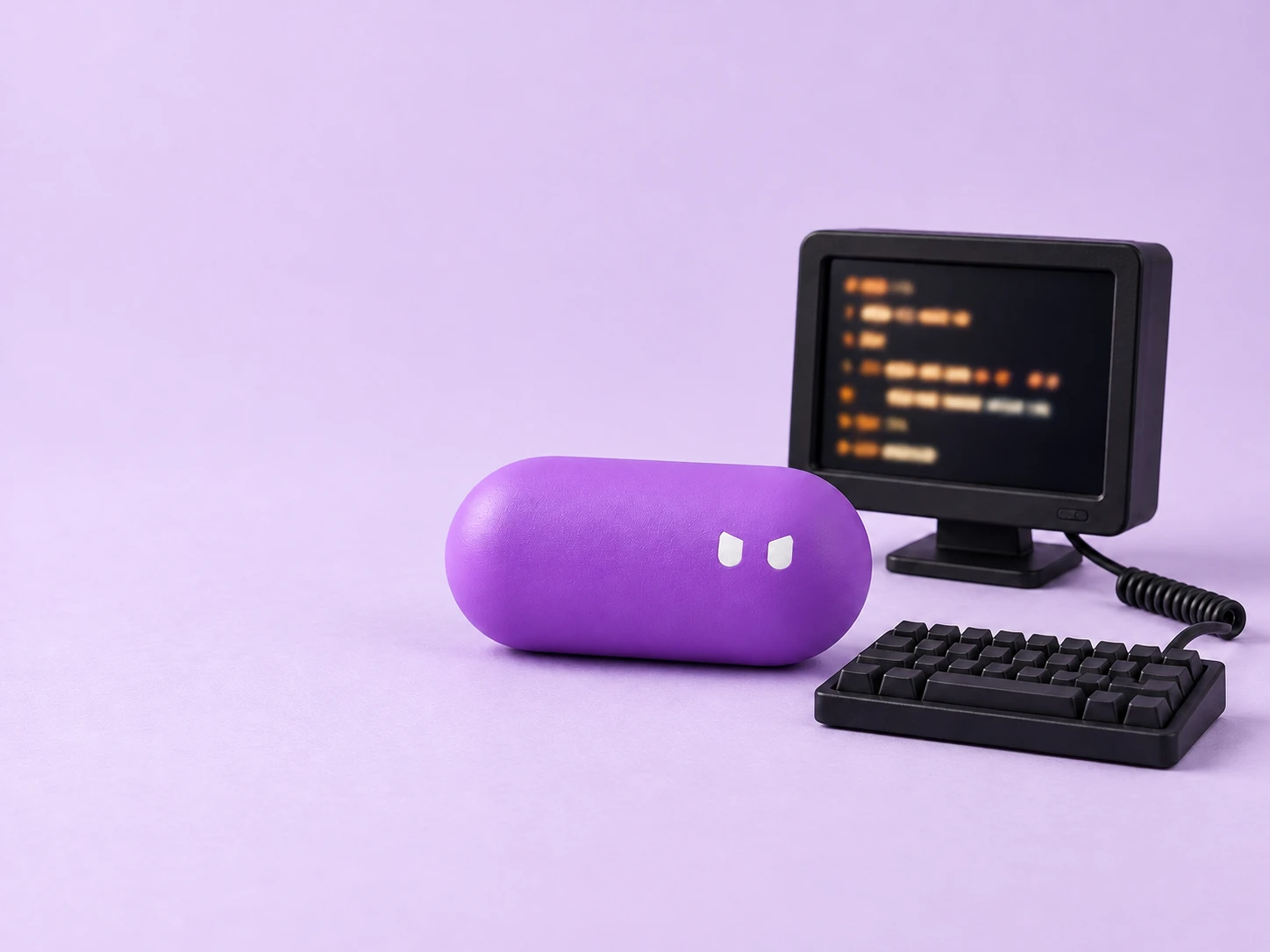 A focused purple pill lying in front of a tiny dark monitor with blurred orange lines of text and a small keyboard.