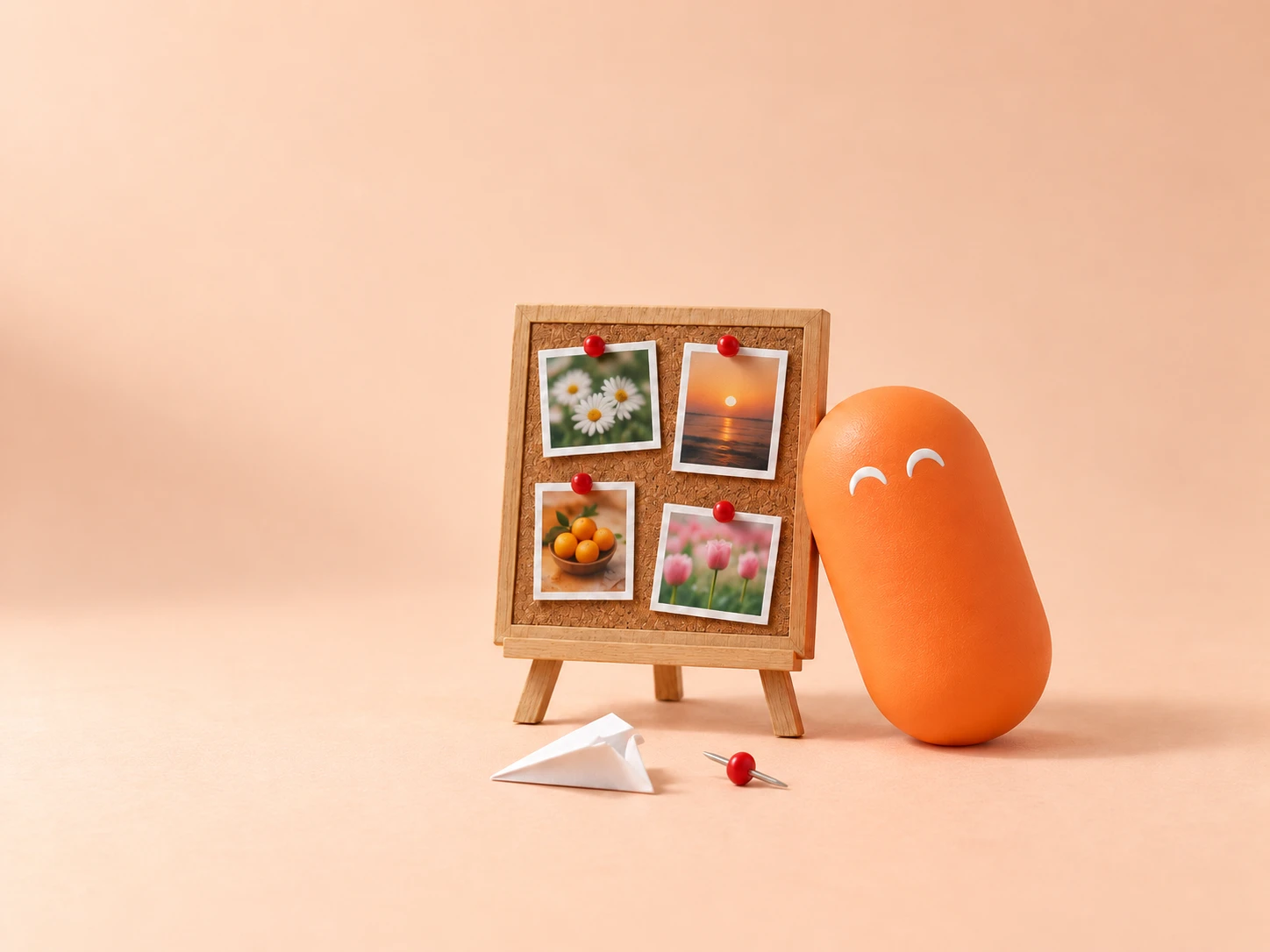 A smiling orange pill leaning on a tiny cork board with four photos held by red pushpins, and a paper airplane on the floor.