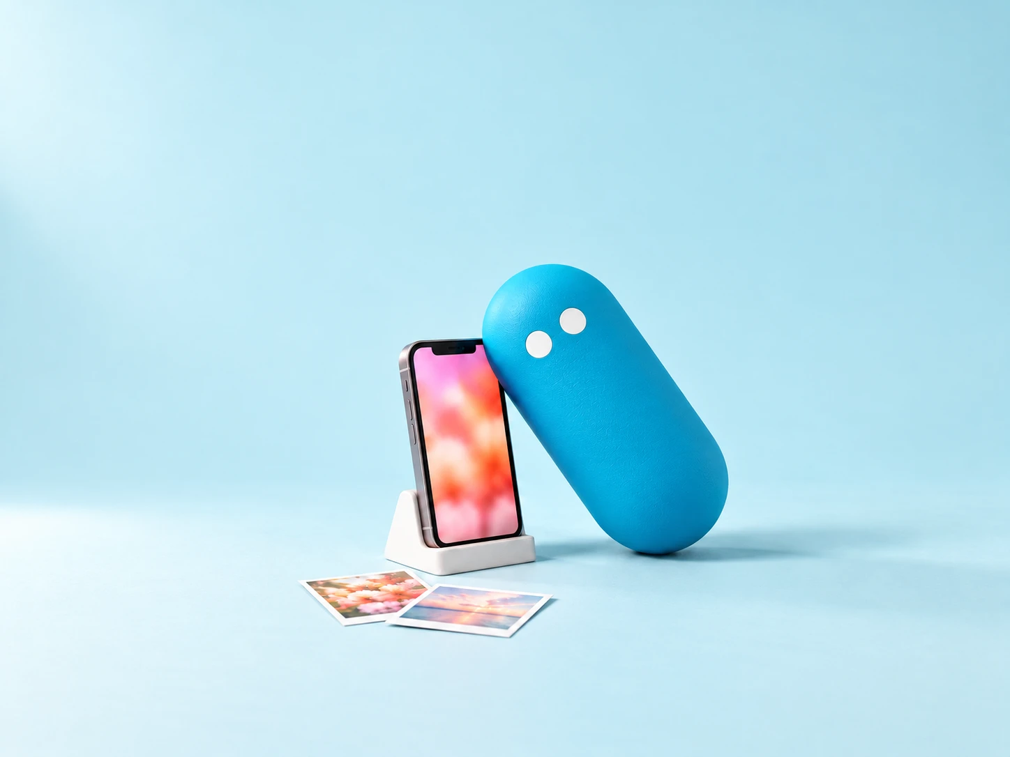 A wide-eyed blue pill leaning on a phone that shows a colorful photo, with two printed photos on the floor.