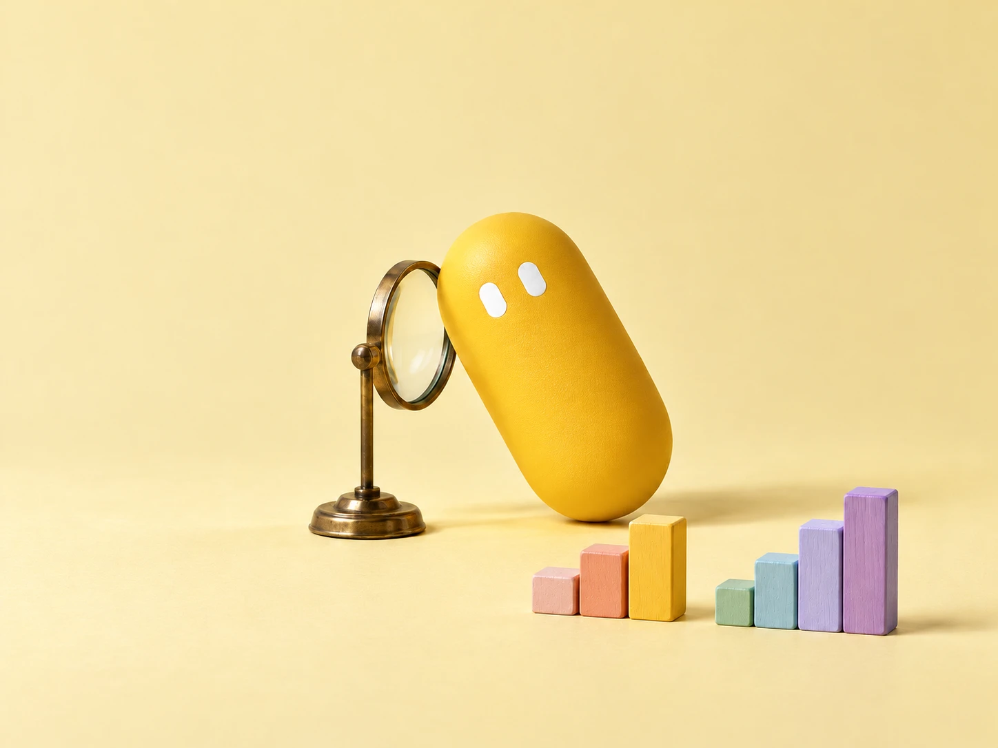 A calm yellow pill leaning on a magnifying glass, in front of two small bar charts made of blocks.