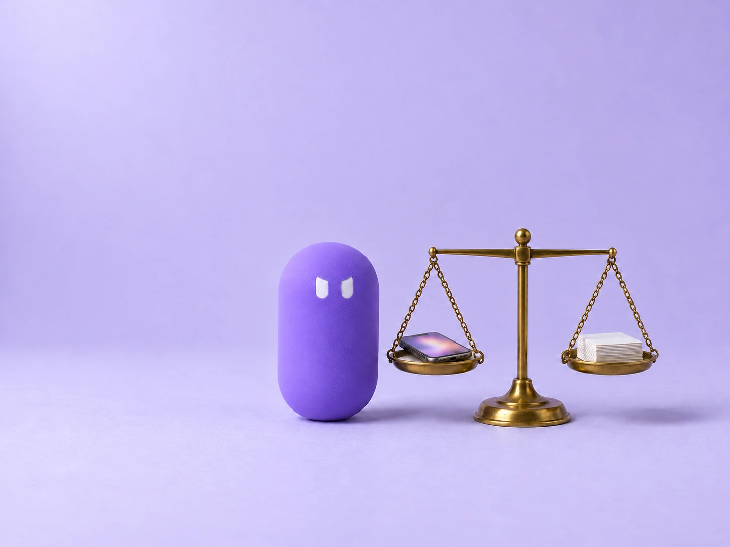 A focused violet pill next to a small brass scale, with a phone on one pan and a stack of blank cards on the other.