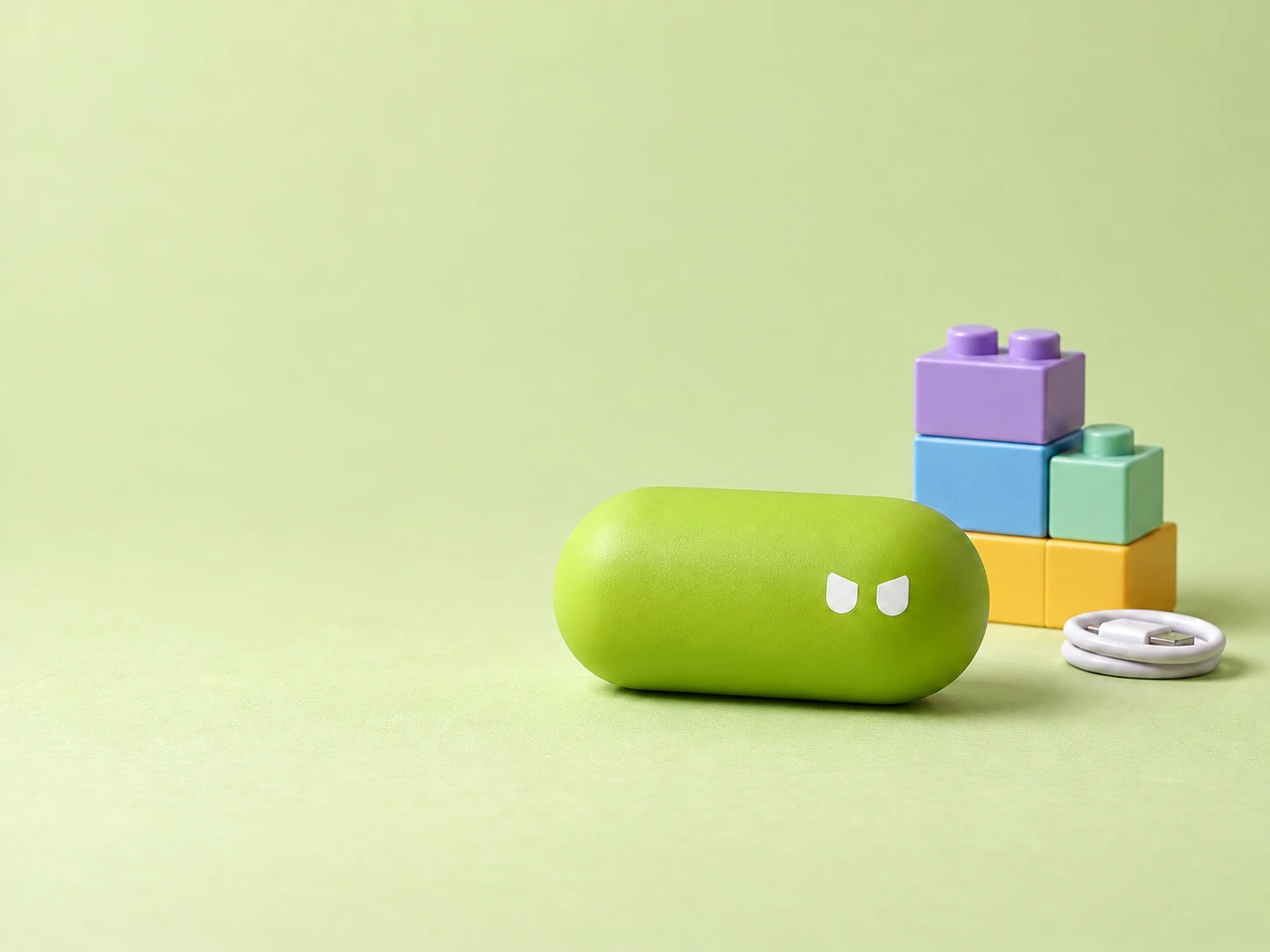 A focused lime-green pill lying in front of a small tower of pastel building blocks, with a coiled cable.