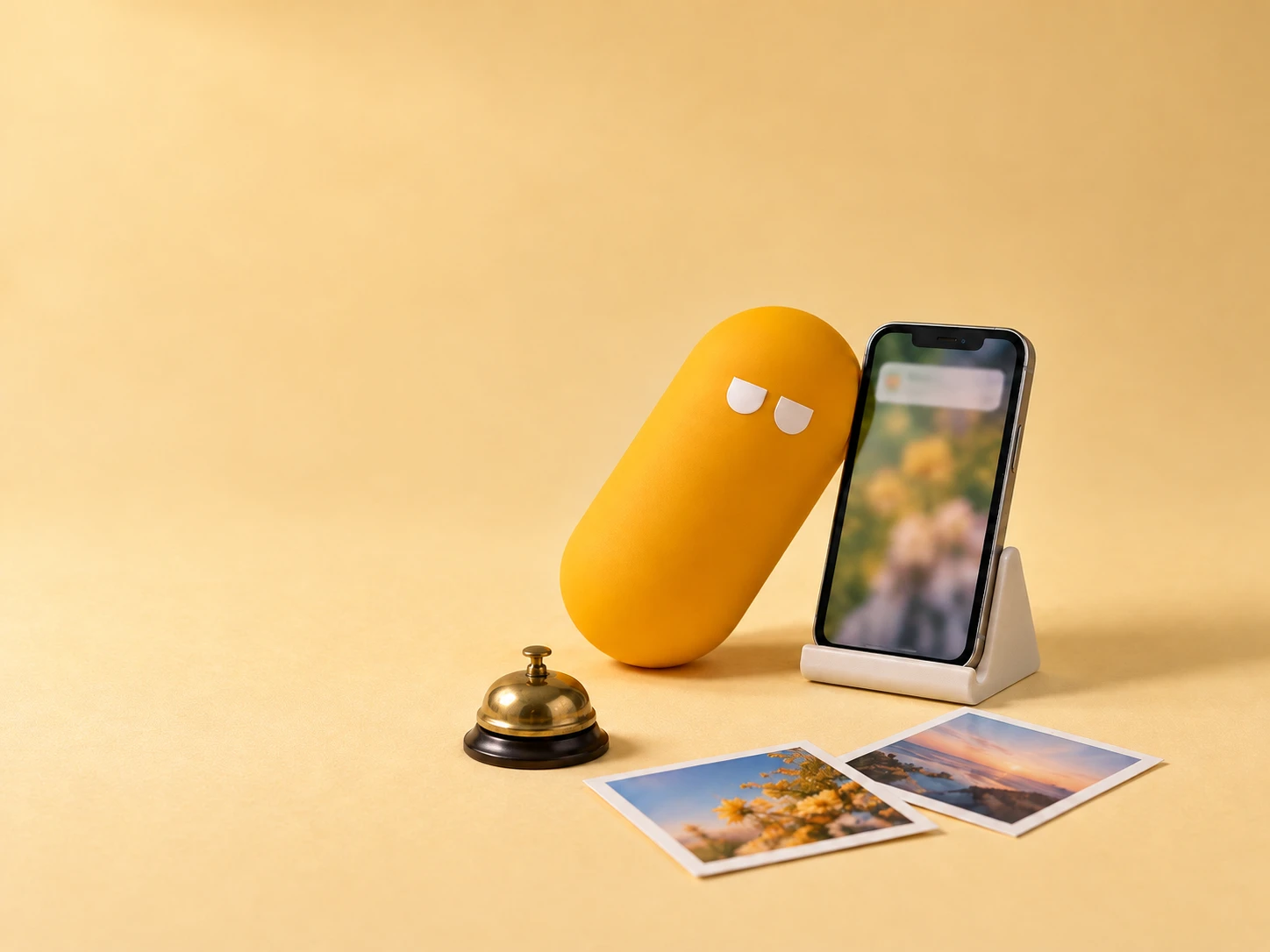 A yellow pill with a sly look leaning on a phone that shows a notification, with a small brass bell and two photos on the floor.