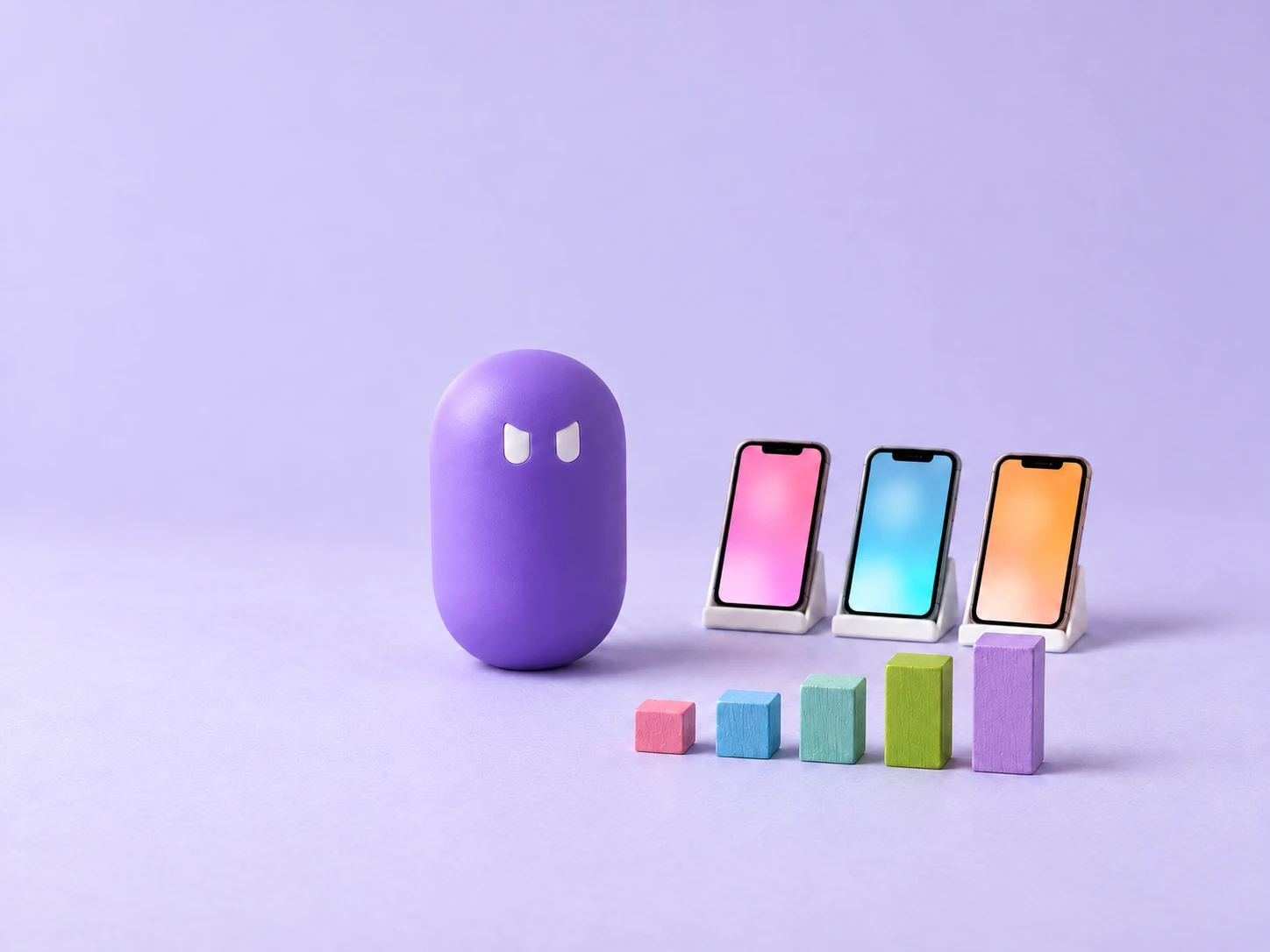 A determined violet pill beside three phones on stands and a row of wooden blocks rising like a bar chart.