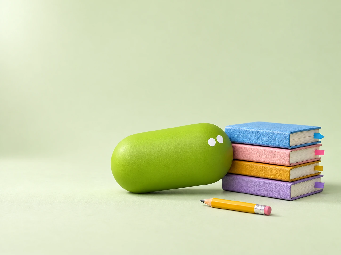 Una píldora verde lima curiosa recostada contra una pila de cuatro libretas pequeñas con pestañas de colores, junto a un lápiz.