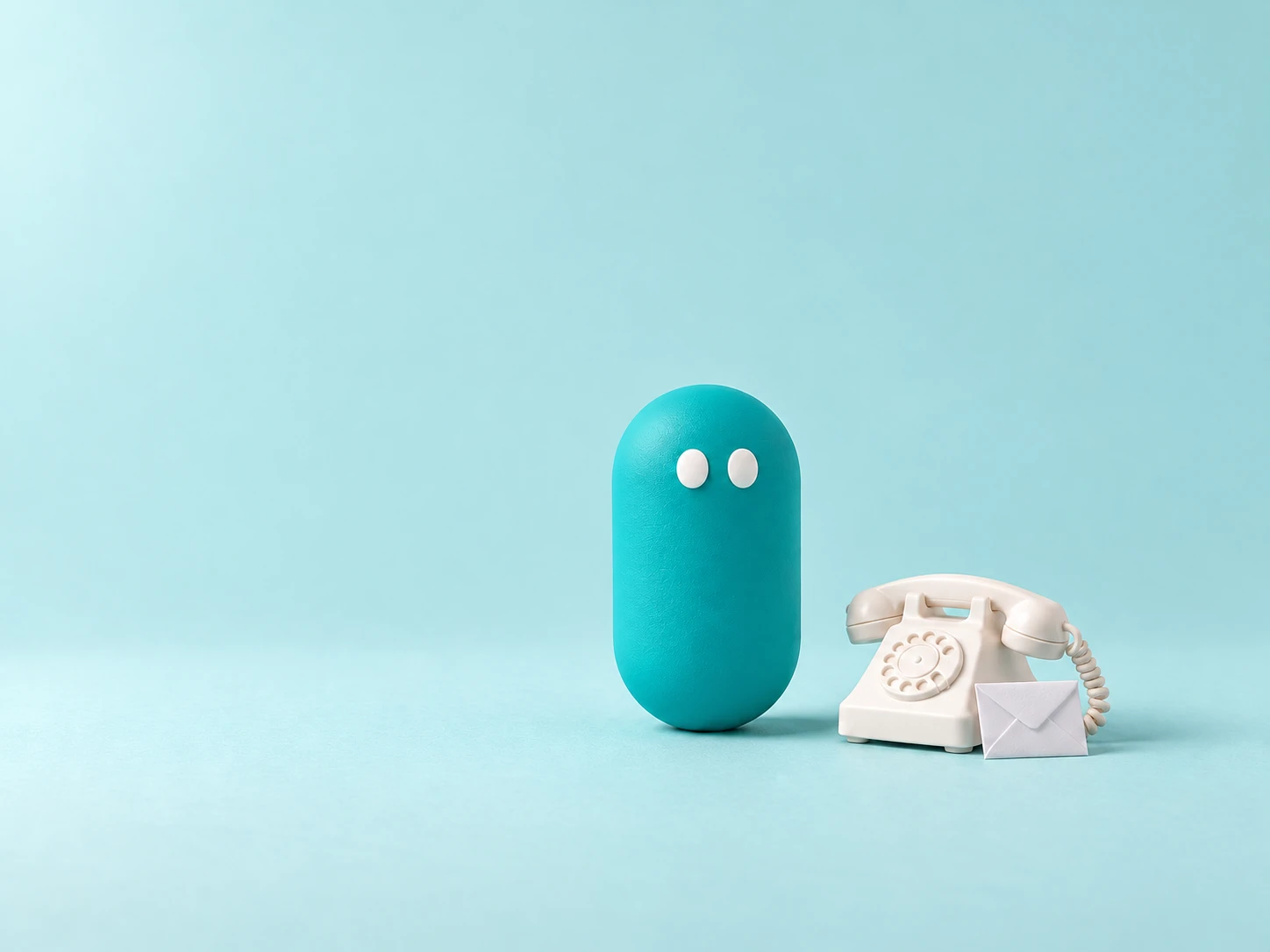A wide-eyed teal pill next to a small white rotary phone and an envelope.