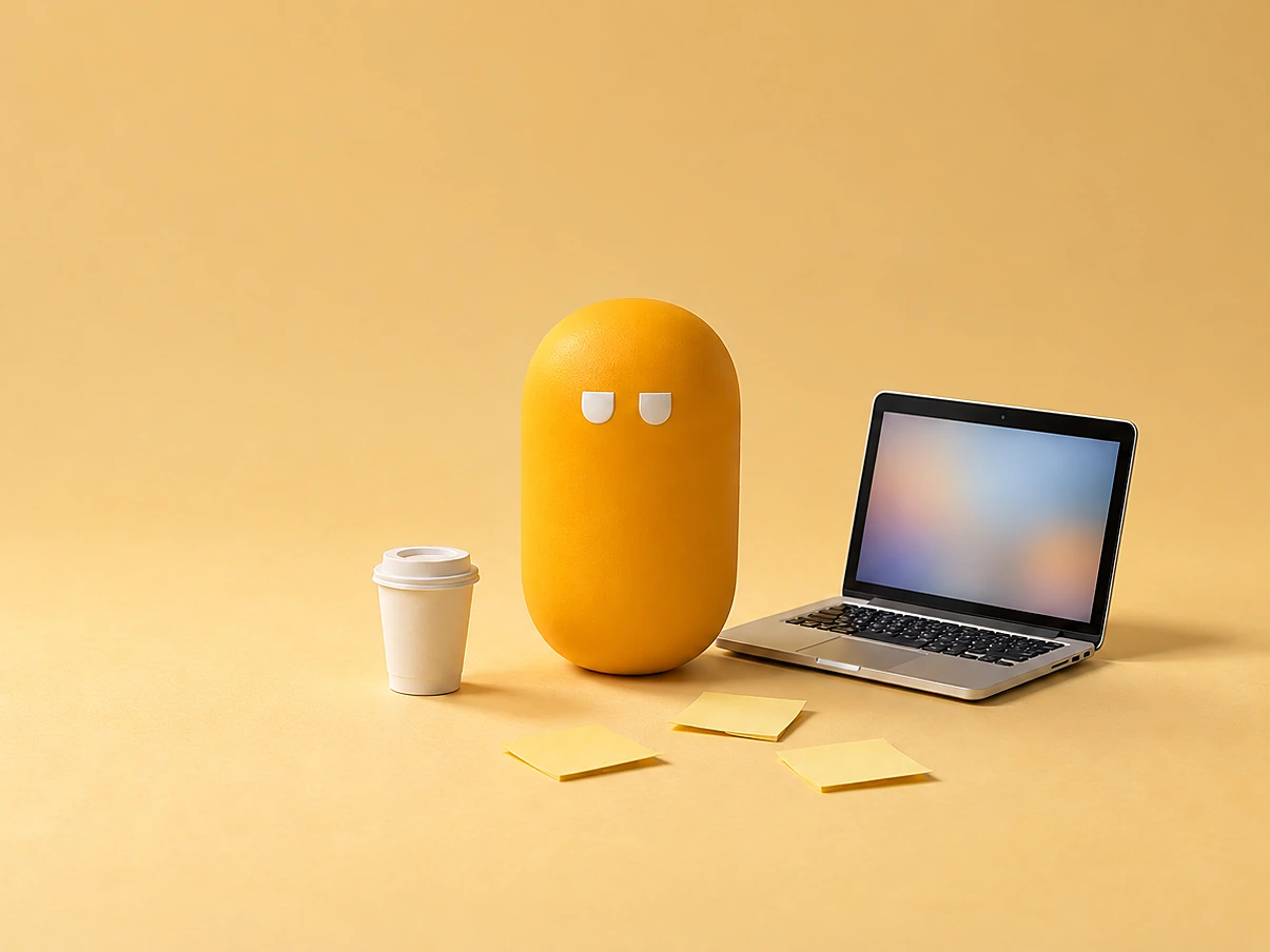 A sleepy amber pill next to a laptop, a coffee and sticky notes.
