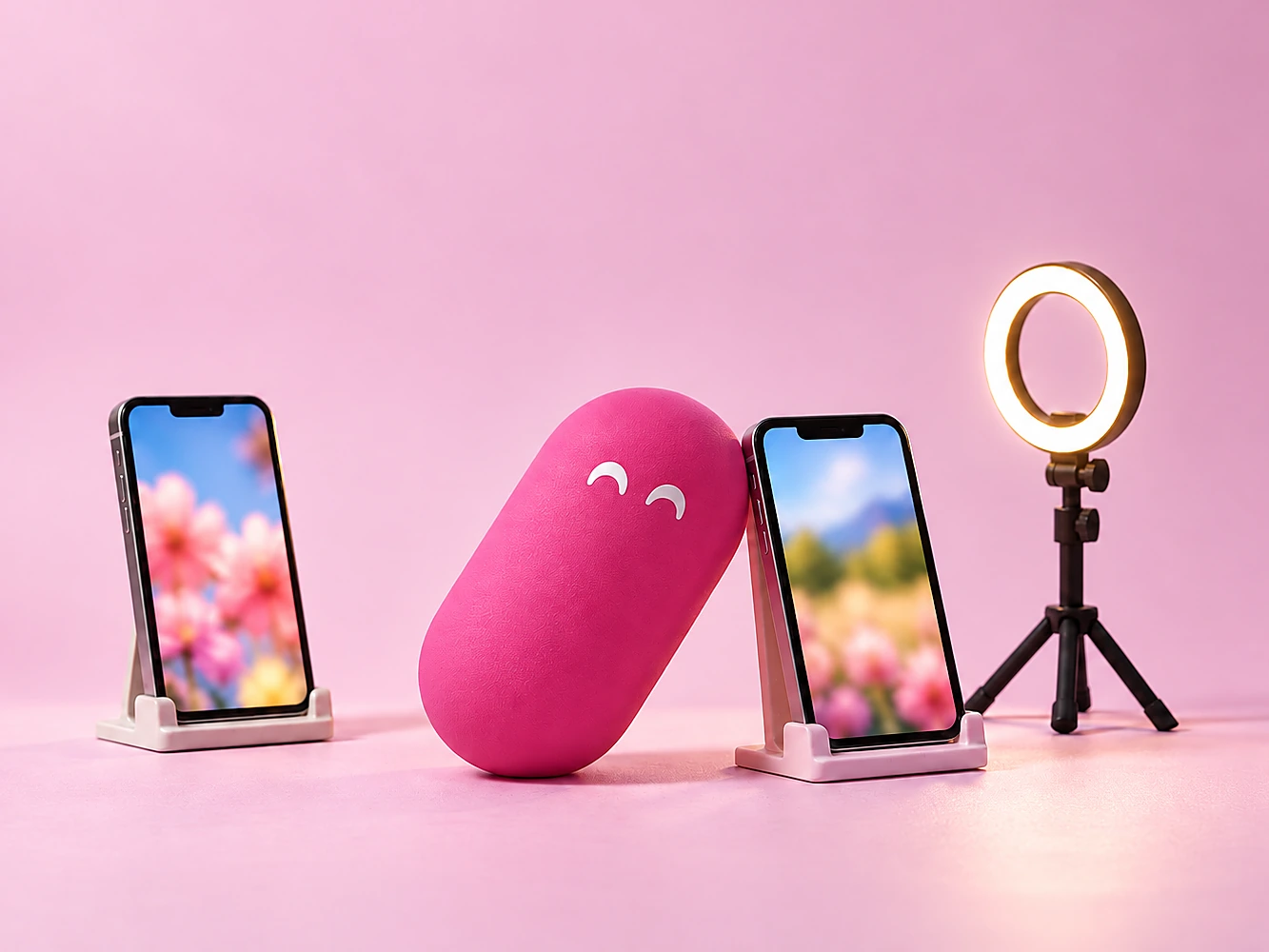 A happy pink pill leaning on a phone, next to another phone and a ring light.