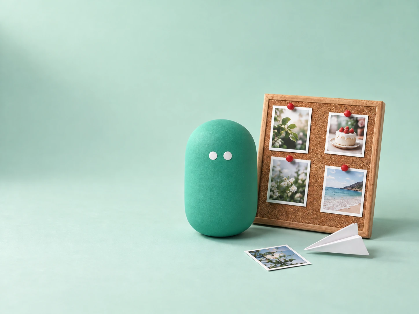 A curious mint-green pill next to a tiny cork board with four pinned photos, a loose photo and a paper airplane on the floor.