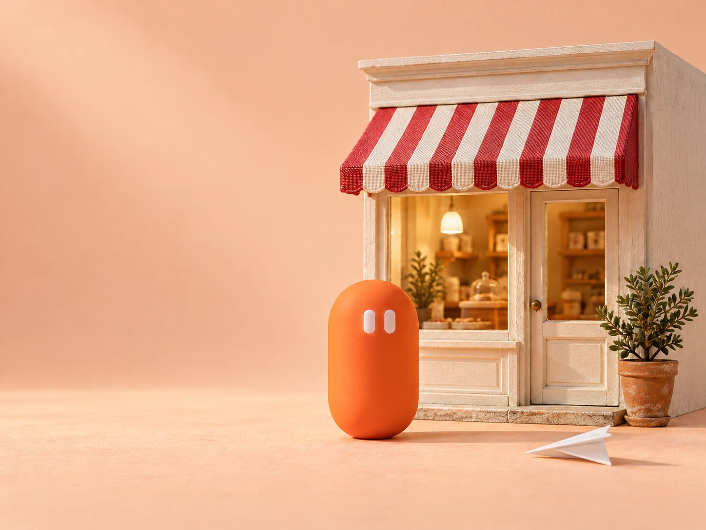 A calm orange pill in front of a tiny shop with a red and white striped awning and a potted plant.